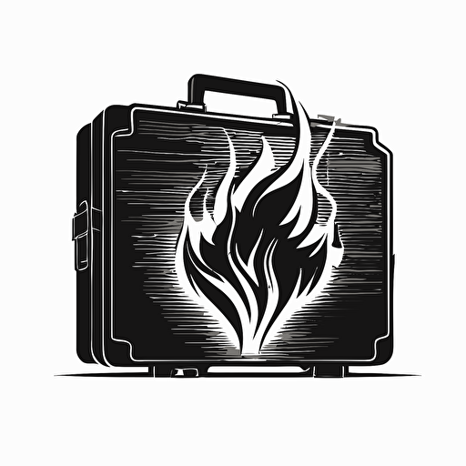 Retro futuristic iconic logo of burning briefcase, black vector, on white background.