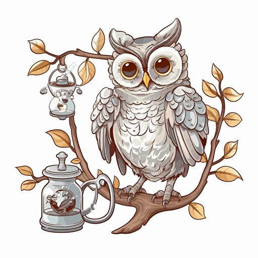a happy Owl holding a glass coffee pot, gray color, cream color owl, sitting on a branch, white background, vector illustration, illustration