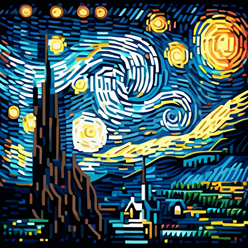 Craft a pixel art-inspired vector illustration of Van Gogh's "The Starry Night," utilizing small squares of color to represent the details and strokes of the painting.