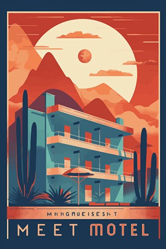 art deco poster, desert motel, minimalistic vector,