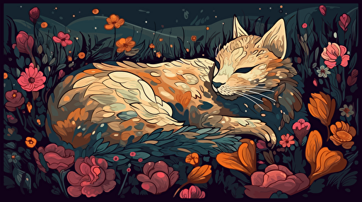 cat sleeping on a field with flowers, highly detailed, vibrant dusty vector illustration