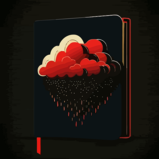 minimalist, vectorized, red and black colors, print layer , delicacy, a notebook inside one cloud, dark background