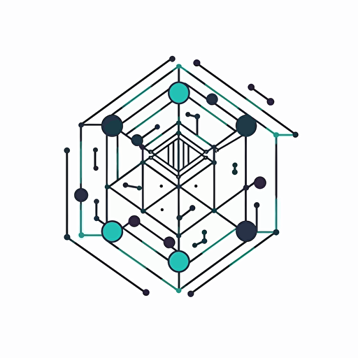 alien futuristic, vector logo minimal design of a neural blockchain block essential line, wireframe cube AI