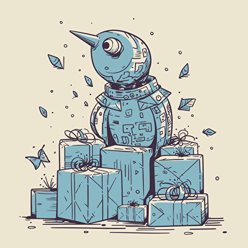 vector doodle minimalist, thinking computer robot, within background contains giftboxes and blue birds