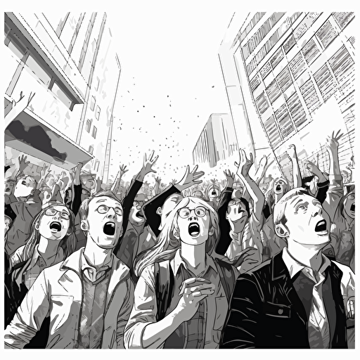 low angle people shouting line vector drawing wide shot, wider frame ,wide lensing ar 16:9