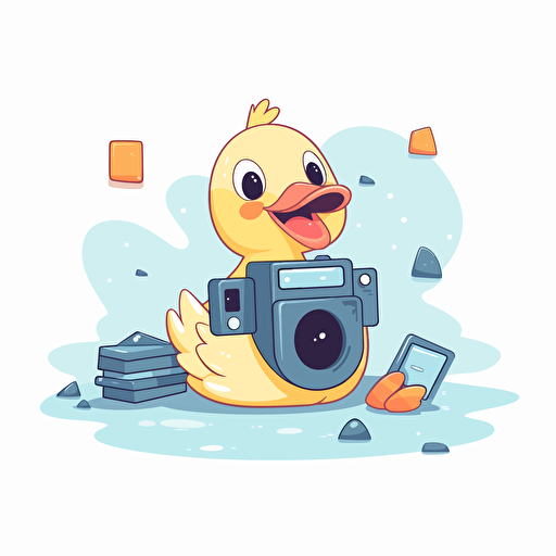 cute happy duck sitting next to a camera, sitting on scattered poleroids, flat texture cartoon style, 2D, premium vector art, white background, adobe illustration tracing, svg, die-cut sticker