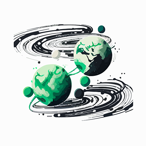 two disconnect plug wire floating around planets on an white background, in the style of light green and dark green, vector illustration, children's book illustration, black and white