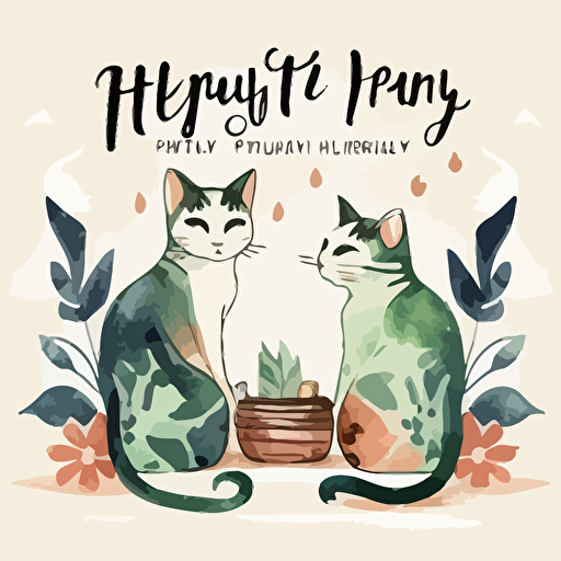 selamat hari raya greeting card, watercolor painting style, with cats infront, cute vector art