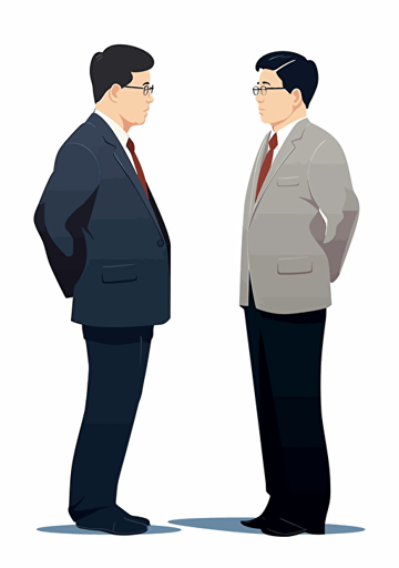 Image of competent and incompetent leaders of South Korea looking at each other, one smiling and one angry, man in suit, dry and neat, white background, Artsy flat vector illustration