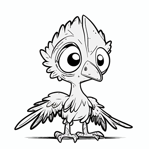 Cute Archaeopteryx, big eyes, Pixar style, simple outline and shapes, coloring page black and white comic book flat vector, white background
