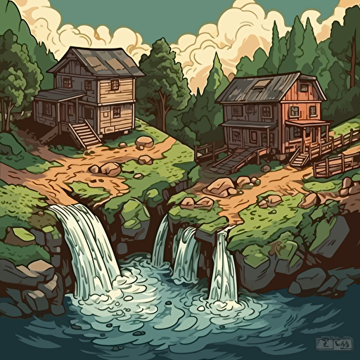 rural scene, waterfall in background, two buildings, digital art, vector, detailed