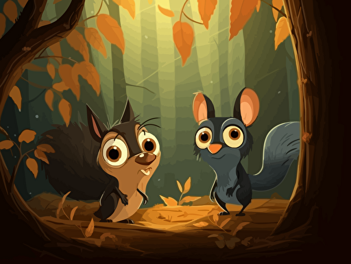 Vector illustration of 2 scared squirrels in front of a giant black spider from a magical wood. pixar animation, cute, magical wood background, beautifull lighting, soft color, yellow glowing flowers,