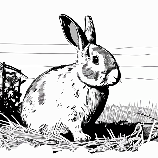 close up of expressive rabbit chewing, on farm, in style of Gabriel Schama, black and white, flat, vector, line drawling, white background ar 1:1
