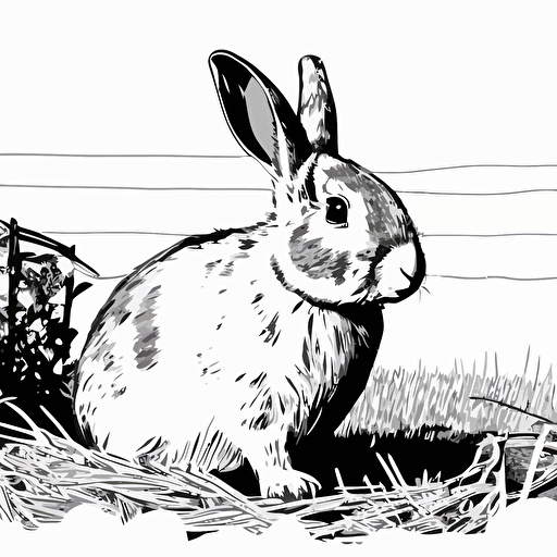 Close up of expressive rabbit chewing, on farm, in style of Gabriel Schama, black and white, line, vector illustration
