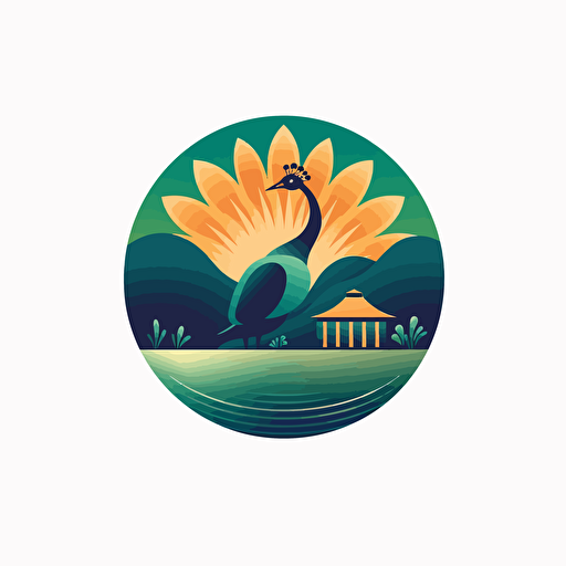Beautiful abstract vector simple logo, low detail, luxury cabanas, cabanas are close to the top of a hill, the hill is next to a lake, there is a peacock in the roof of the cabana