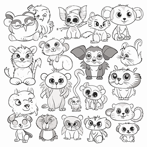Jungle animals, such as tigers, monkeys, and parrots, big cute eyes, pixar style, simple outline and shapes, coloring page black and white comic book flat vector, white background