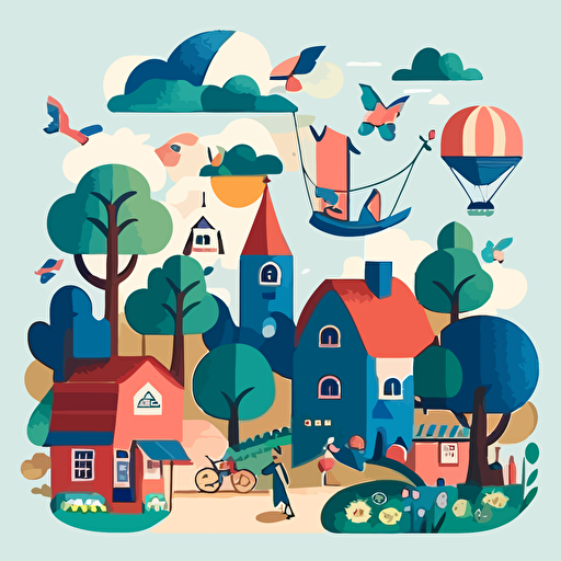 Based on Marc Chagall's dreamy compositions, design a vector illustration of a whimsical village fair where people and animals float in the air, enjoying various activities. Set the scene on a clear afternoon with a blue sky.