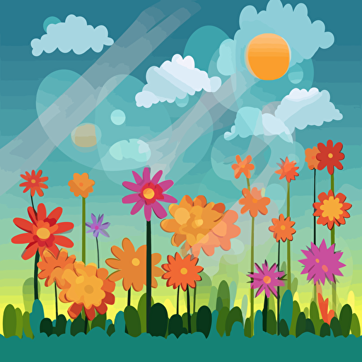 different unique flowers in different colors in a garden. Sun and clouds in the sky. Vector illustration
