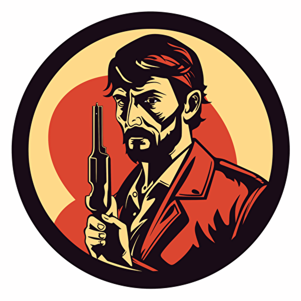 vector round sticker italian communist man 70's with revolver stylized