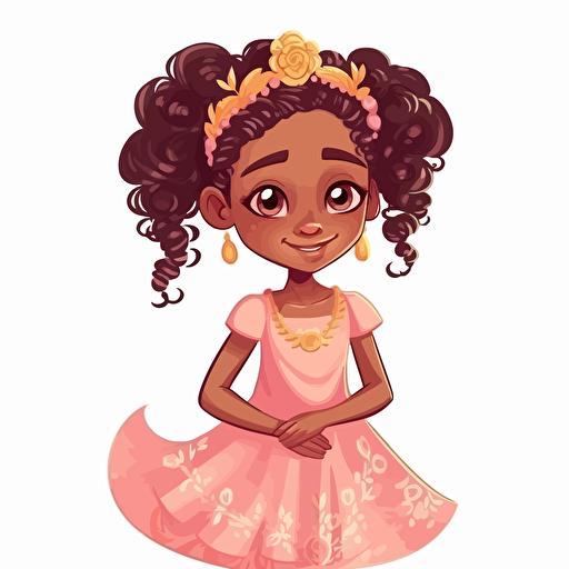 Vector illustration of a cute, adorable, beautiful little black girl princess, with many beautiful braids hairstyle, standing, wearing a beautiful pink long dress and a golden crown on her head, in vivid colors