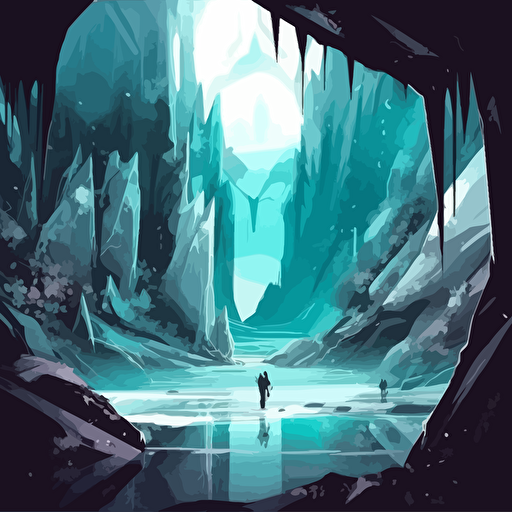 bold vector illustration fantasy art / turqoise and black in color with white accents / a glowing lake inside a cave with a distant light source, there are reflective organic beautiful faceted crystals of all sizes that are the shore of the lake