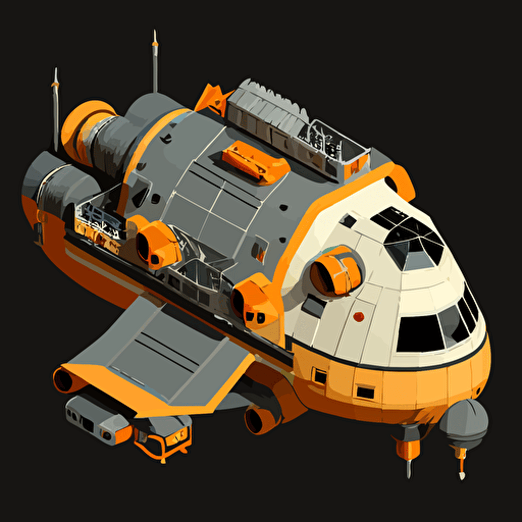 heavy duty space vessel, vector, simple, minimalistic, isometric, orange and grey, black background