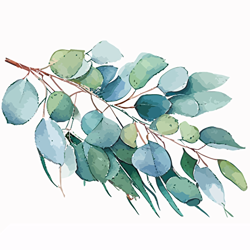 top view, watercolor rustic eucalyptus leaves on long branch, vector, white background