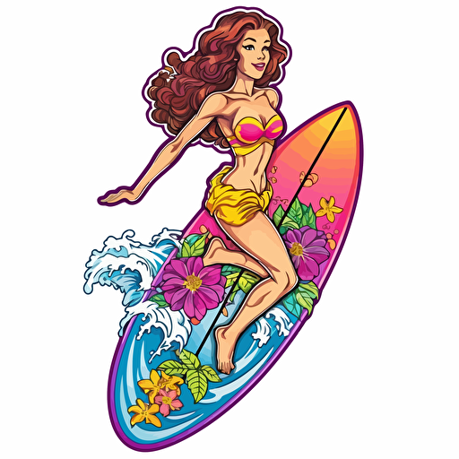 surfer motive, lisa frank style, sticker, white background, contour vector, view from above, attention on detail and proportions