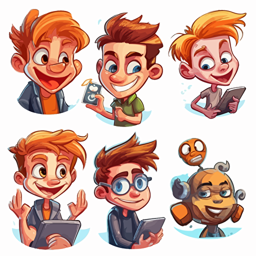 draw vector cartoon style 6 caricatured symbols for variation of attention-grabbing internet content, in the style of precisionist style, 2d game art, the vancouver school, handsome, smilecore, quadratura