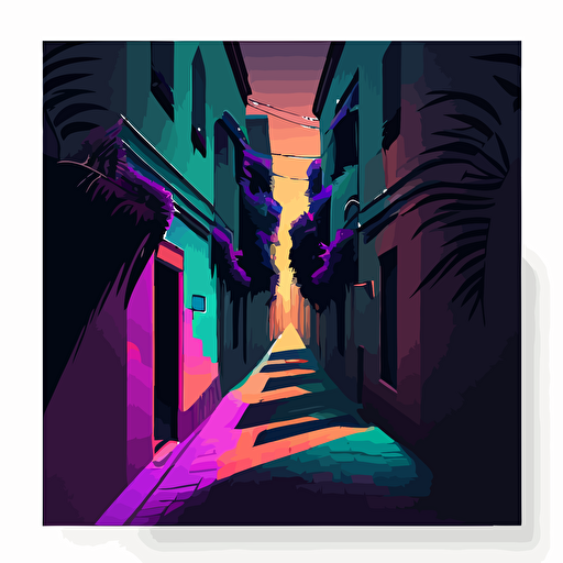 a dark alley, flat landscape, digital art, vector, long shadow, 45 degree point of view, by Grant Riven Yun , synthwave colors