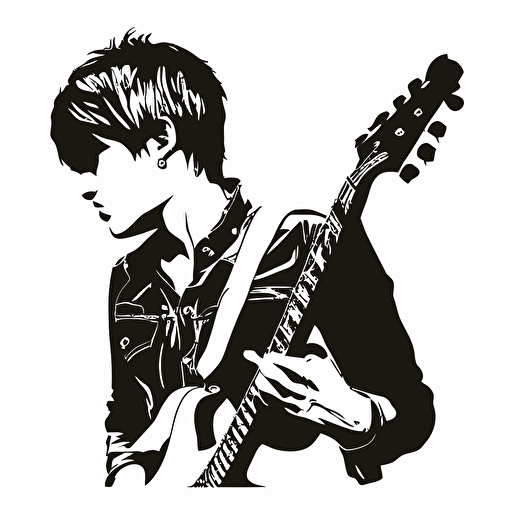 musician short hair, holding guitar, mic, person in logo, vector style, white background