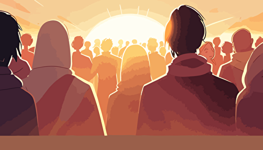 A warm sunny summer day approaching sunset as background context. Wide angle image. vector art, softly colored modern day people who have gathered to pray, They are huddled closely together praying with heads bowed and holding each other's hands, facing the horizon. Make the angle wide angle with some depth of field .