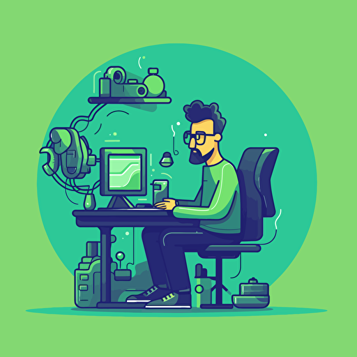 a flat vector illustration in #1d3c46 blue and #80c926 green. Cartoony, simple, tech company style, of a person using a computer