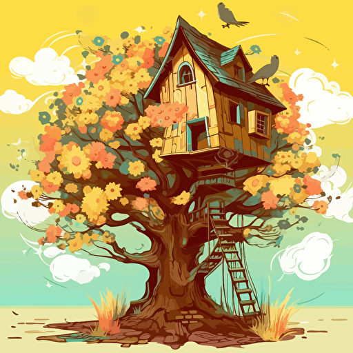 big tree, tree house, birds, flowers, sun, vector image