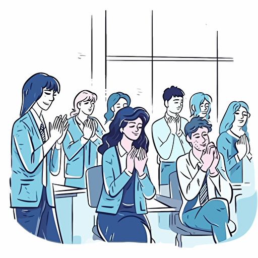 blue hands clapping in the office in meeting room eith group of people. Vector cartoon doodle style, plain white background,