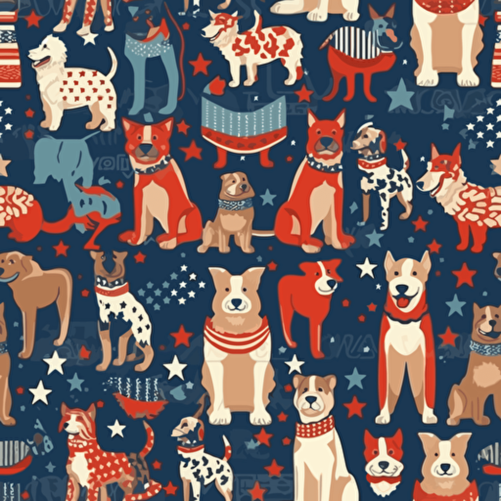 detailed vector illustration of dogs having fun, negative space inbetween dogs USA Flag Colors, 4th of July Theme