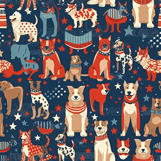 detailed vector illustration of dogs having fun, negative space inbetween dogs USA Flag Colors, 4th of July Theme