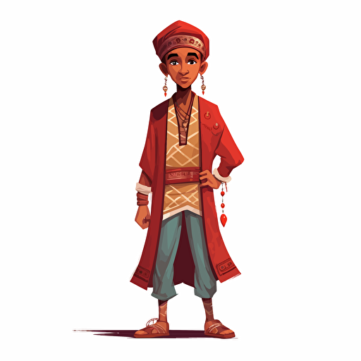 clean vector based image of Moroccan youngster with curls and a fez WHOLE BODY mix European and Middle Eastern clothing