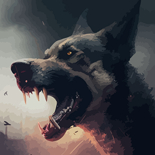 crazy aggressive dog:: thick head:: 3 scar over eye:: 5 lunging forward:: about to bite:: hells gates in background:: crisp: vector logo