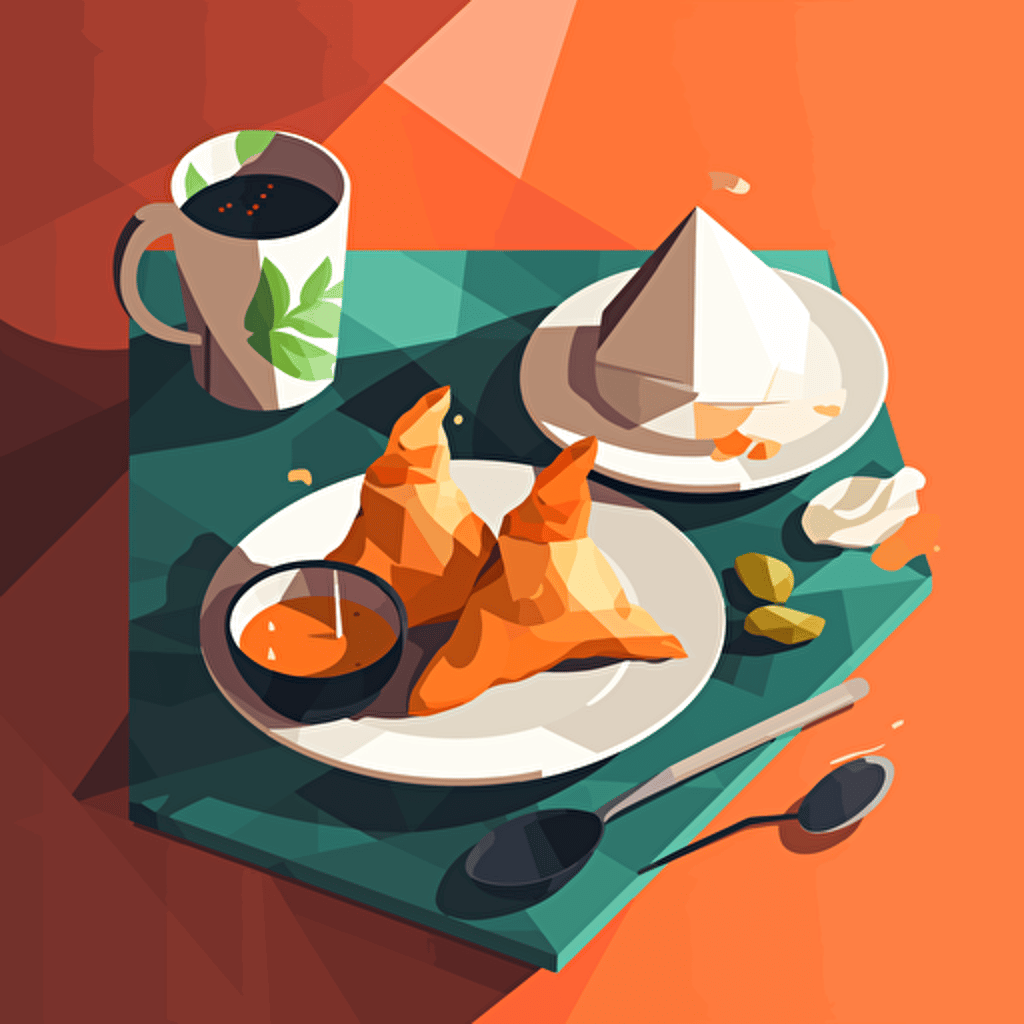 Flat Vector Illustration of Samosa and Tea in a Parisian Table setting, Style of Malika Favre. Use only 4 Colours. Strong Light and Shadow.