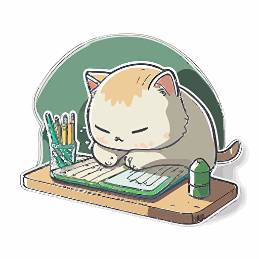 sticker, cute cat studying on a desk, liu yi artist style, vector, contour, white background