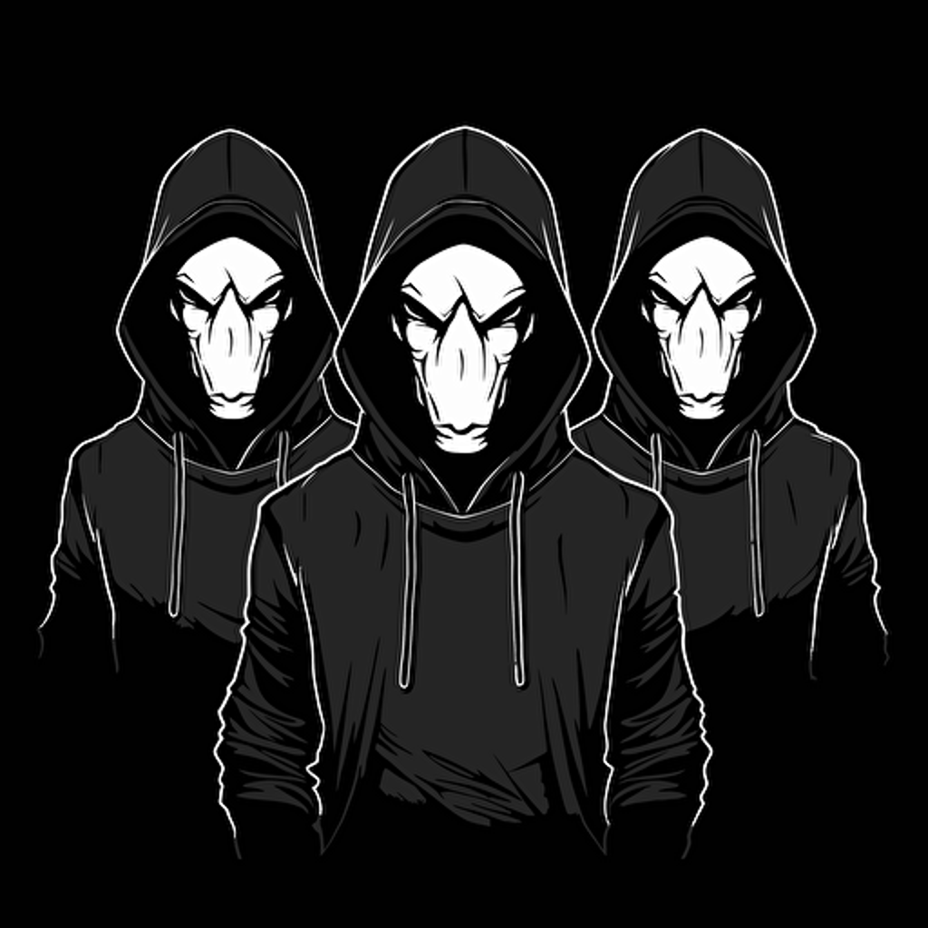 logo, 3 hoodies , face in the dark, from mid chest, vector style, flat 2d, black and white