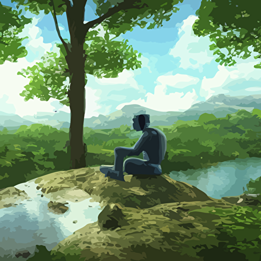 zoomed 3d render cel shaded robot sitting cross legged head pointing small hill fantasy forest blooming trees surrounded wildlife river flowing robot 4k highly detailed unreal engine octane render