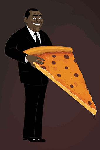 black man in a black suit showing you a big cheesy slice of pizza, cartoon style, vector art, by Ralph Bakshi and John K., in the style of Ren & Stimpy
