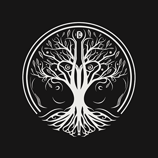 Iggdrasil in high-detail, stylized, vector logo, streamlined design, art deco, monochromatic, majestic, minimalist