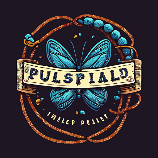 a cartoonish logo design for a handmade bracelet workshop, with the wording "Pulser Art" , that features a 2D vector logo design, including spool of thread, a bracelet embellished with colored beads and a blue butterfly, surrounded by a thin rope.