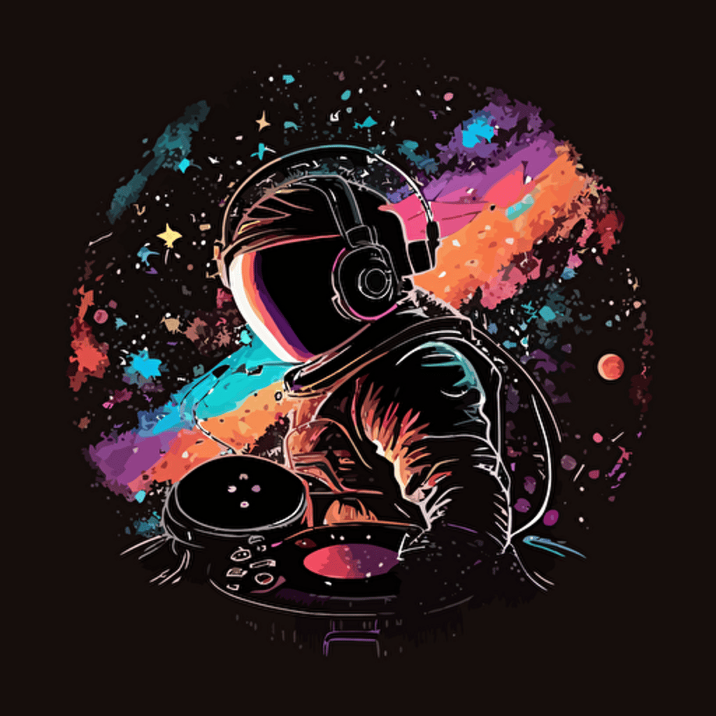 a dj astronaut with a galaxy pattern vinyl record on black background, 2d vector