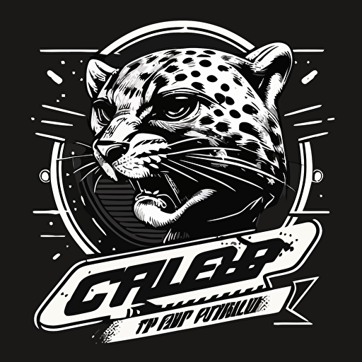an uncluttered illustration for a speed club. The leopard is the club's mascot. Represent the whole body of the animal. 90s spirit, vector, in black and white, flat 2d
