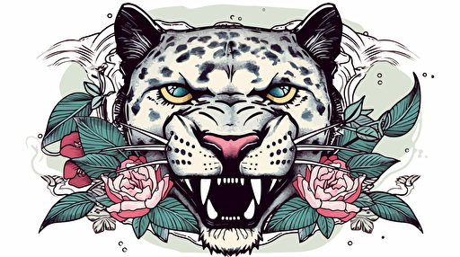 japanese retro style package label ancient primitive front view of an angry panther face vectorized draw, amazonian elements, forest around, with botanical flowers, with an coca leaf arc around the panther, perfect shapes, rupestrian, illustrator, , behance white background
