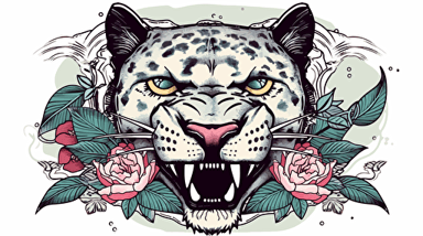 japanese retro style package label ancient primitive front view of an angry panther face vectorized draw, amazonian elements, forest around, with botanical flowers, with an coca leaf arc around the panther, perfect shapes, rupestrian, illustrator, , behance white background